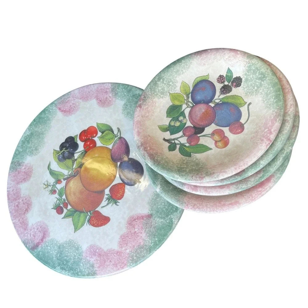 Due Torri Ceramica Italy Fruit Serving Set Platter‎ & 4 Plates Pink Green Border